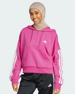 ADIDAS - FELPA CON CAPPUCCIO ESSENTIALS 3-STRIPES FRENCH TERRY QUARTER-ZIP HOODIE  FUXIA  DA DONNA - JN1953