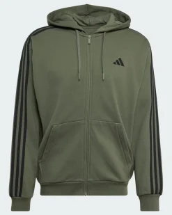 ADIDAS - FELPA CON CAPPUCCIO FULL ZIP ESSENTIALS 3-STRIPES FRENCH TERRY VERDE DA UOMO, KY4174
