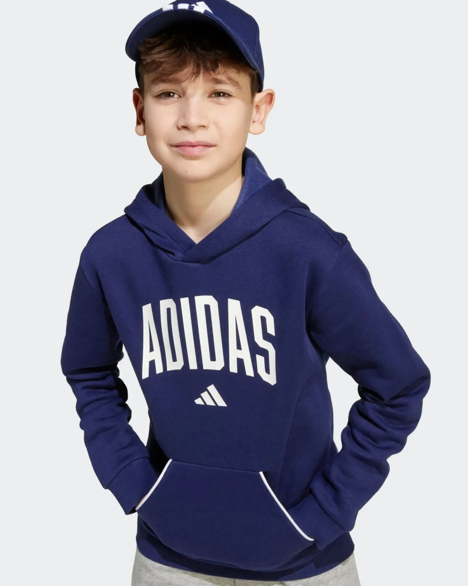 ADIDAS - FELPA CON CAPPUCCIO JUNIOR BLU E BIANCA COLLEGE OVERHEAD FLEECE HOODIE - JV7338