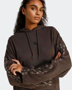 ADIDAS - FELPA CON CAPPUCCIO SEASONAL ESSENTIALS MARRONE CON DETTAGLI LEOPARDATI DA DONNA, KA4683