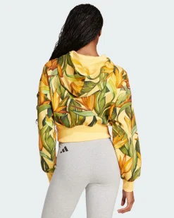 ADIDAS - FELPA DONNA CON CAPPUCCIO FANTASIA TROPICALE GIALLA, VERDE, MARRONE E NERA, X FARM - JD6282
