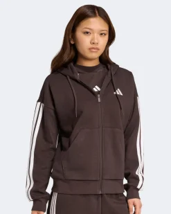 ADIDAS - FELPA  DONNA  FULL ZIP CON CAPPUCCIO MARRONE ESSENTIALS 3- STRIPES  - JY3082