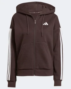 ADIDAS - FELPA  DONNA  FULL ZIP CON CAPPUCCIO MARRONE ESSENTIALS 3- STRIPES  - JY3082