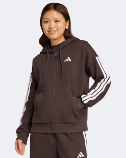 ADIDAS - FELPA  DONNA  FULL ZIP CON CAPPUCCIO MARRONE ESSENTIALS 3- STRIPES  - JY3082