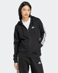 ADIDAS - FELPA  DONNA  FULL ZIP CON CAPPUCCIO NERA ESSENTIALS 3- STRIPES  - JE1283