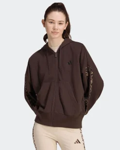 ADIDAS - FELPA FULL ZIP CON CAPPUCCIO SEASONALS ANIMAL MARRONE CON DETTAGLI LEOPARDATI DA DONNA, KV9299