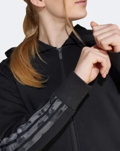 ADIDAS - FELPA FULL ZIP CON CAPPUCCIO RAGAZZA NERA CON 3 BANDE LEOPARDATE GRIGIE ESSENTIALS ANIMALIER 3-STRIPES FRENCH TERRY HOODIE  - KC5418