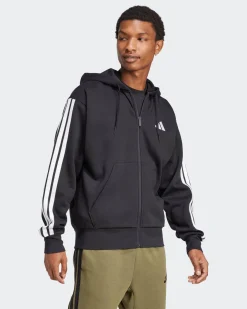 ADIDAS - FELPA  UOMO FULL ZIP CON CAPPUCCIO NERA ESSENTIALS 3- STRIPES  -  JD1870