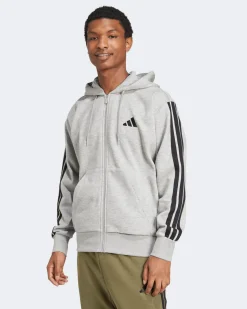 ADIDAS - FELPA  UOMO FULL ZIP CON CAPPUCCIO GRIGIA ESSENTIALS 3- STRIPES  -  JD1865