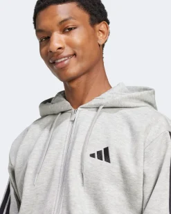ADIDAS - FELPA  UOMO FULL ZIP CON CAPPUCCIO GRIGIA ESSENTIALS 3- STRIPES  -  JD1865