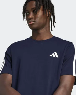 ADIDAS -T-SHIRT UOMO MEZZA MANICA BLU CON BANDE BIANCHE -  JV6785