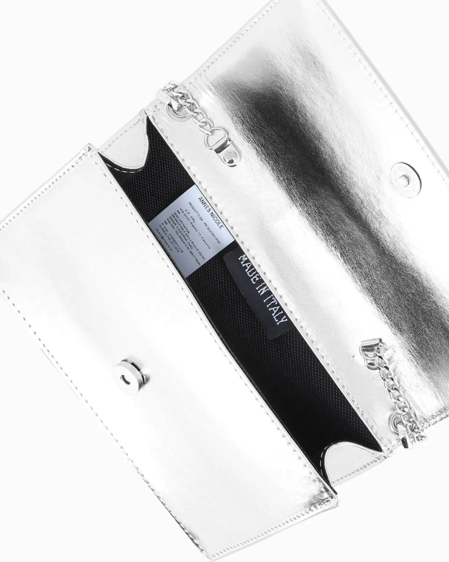 ANNES NICOLE - Pochette argento con patta e tracolla a catenina