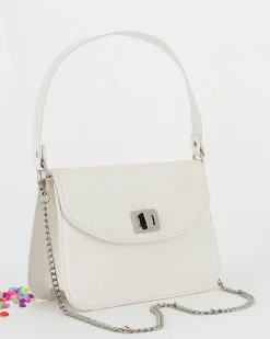 ANNES NICOLE - Pochette bianca un manico con patta glitterata, chiusura a girello e catenina removibile, MADE IN ITALY