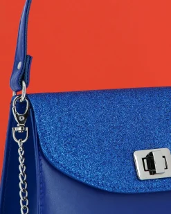 ANNES NICOLE - Pochette bluette un manico con patta glitterata, chiusura a girello e catenina removibile, MADE IN ITALY
