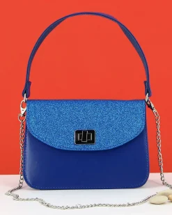 ANNES NICOLE - Pochette bluette un manico con patta glitterata, chiusura a girello e catenina removibile, MADE IN ITALY