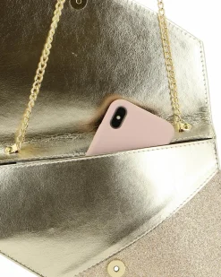 ANNES NICOLE - Pochette laminata platino a punta con inserto glitterato e patta, MADE IN ITALY