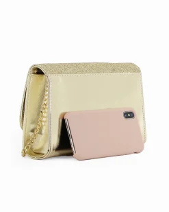 ANNES NICOLE - Pochette laminata platino con patta glitterata e fiocco removibile, MADE IN ITALY