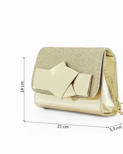 ANNES NICOLE - Pochette laminata platino con patta glitterata e fiocco removibile, MADE IN ITALY
