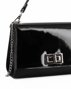 ANNES NICOLE - Pochette nera un manico con patta in vernice e chiusura a girello, MADE IN ITALY