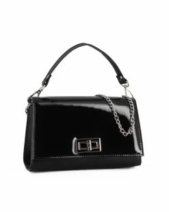 ANNES NICOLE - Pochette nera un manico con patta in vernice e chiusura a girello, MADE IN ITALY