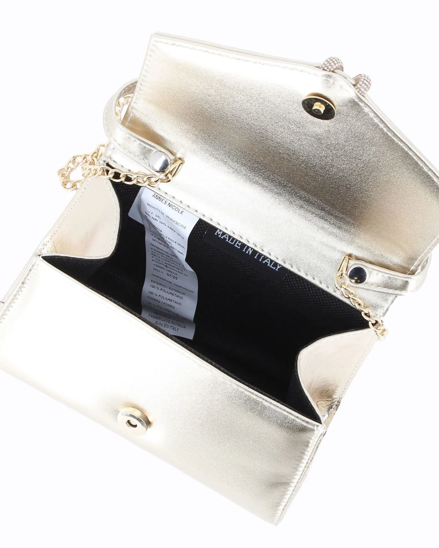 ANNES NICOLE - Pochette platino con cinturino in strass sulla patta e tracolla a catenina