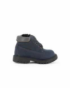 AVERIS - Scarponcino primi passi blu con lacci, zip laterale e sottopiede in VERA PELLE
