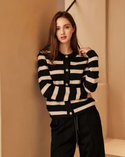 BACHATA - Cardigan manica lunga nero a righe beige da donna