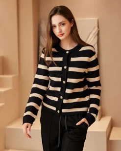 BACHATA - Cardigan manica lunga nero a righe beige da donna