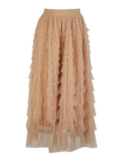 BACHATA - Gonna lunga in tulle a balze taupe con elastico in vita
