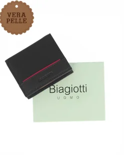 BIAGIOTTI - Portafoglio nero in VERA PELLE da uomo con protezione RFID e scomparti interni multicolor