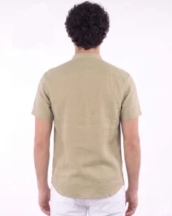BLUE LEMON - Camicia manica corta beige collo coreano in lino