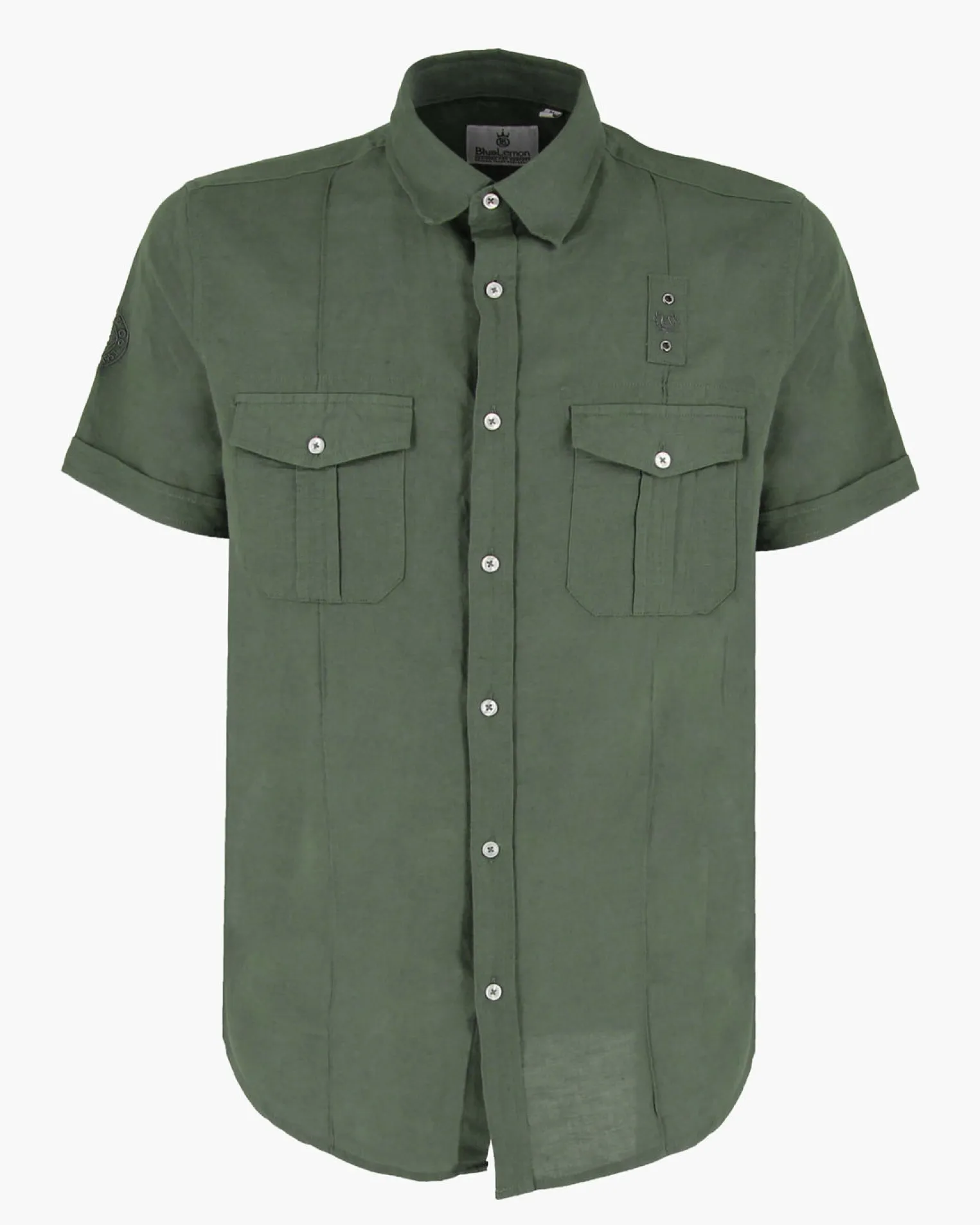 BLUE LEMON - Camicia manica corta verde militare in lino