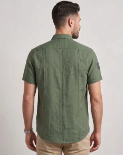 BLUE LEMON - Camicia manica corta verde militare in lino