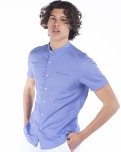 BLUE LEMON - Camicia manica corta glicine collo coreano in lino