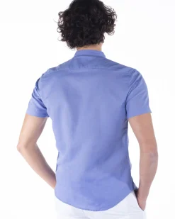 BLUE LEMON - Camicia manica corta glicine collo coreano in lino