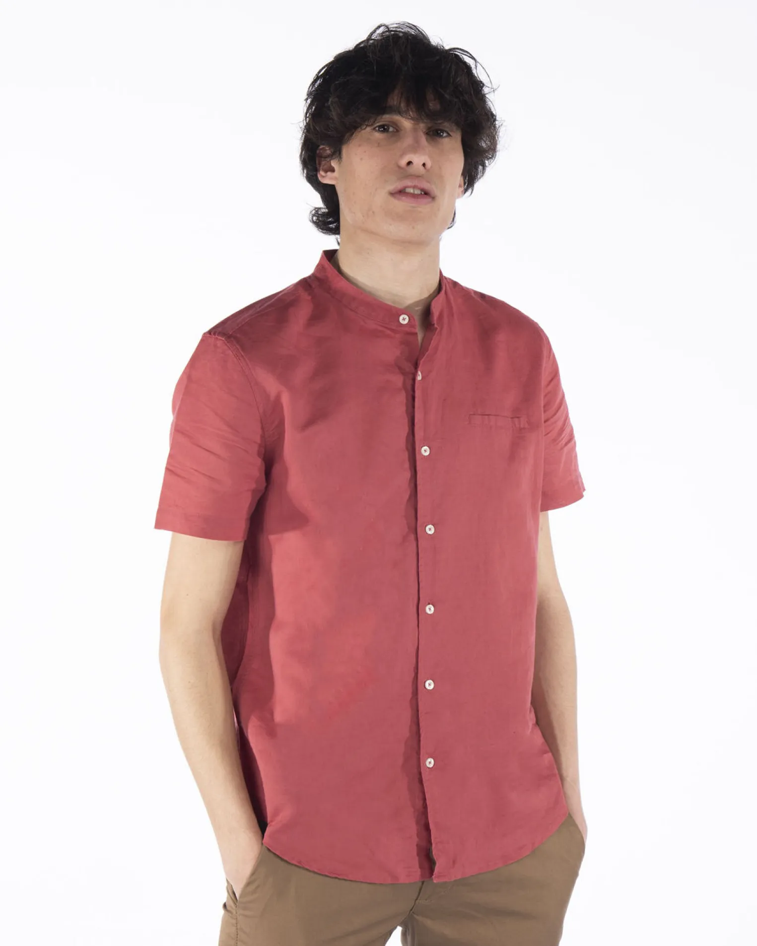 BLUE LEMON - Camicia manica corta corallo collo coreano in lino