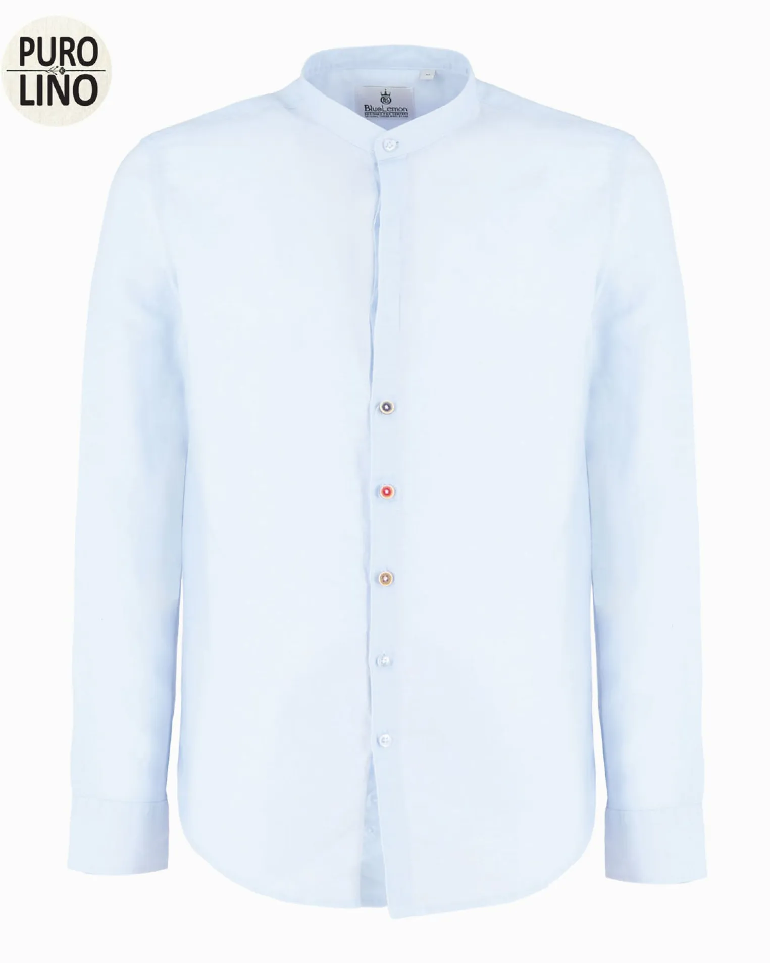 BLUE LEMON - Camicia manica lunga azzurra con collo corano in lino
