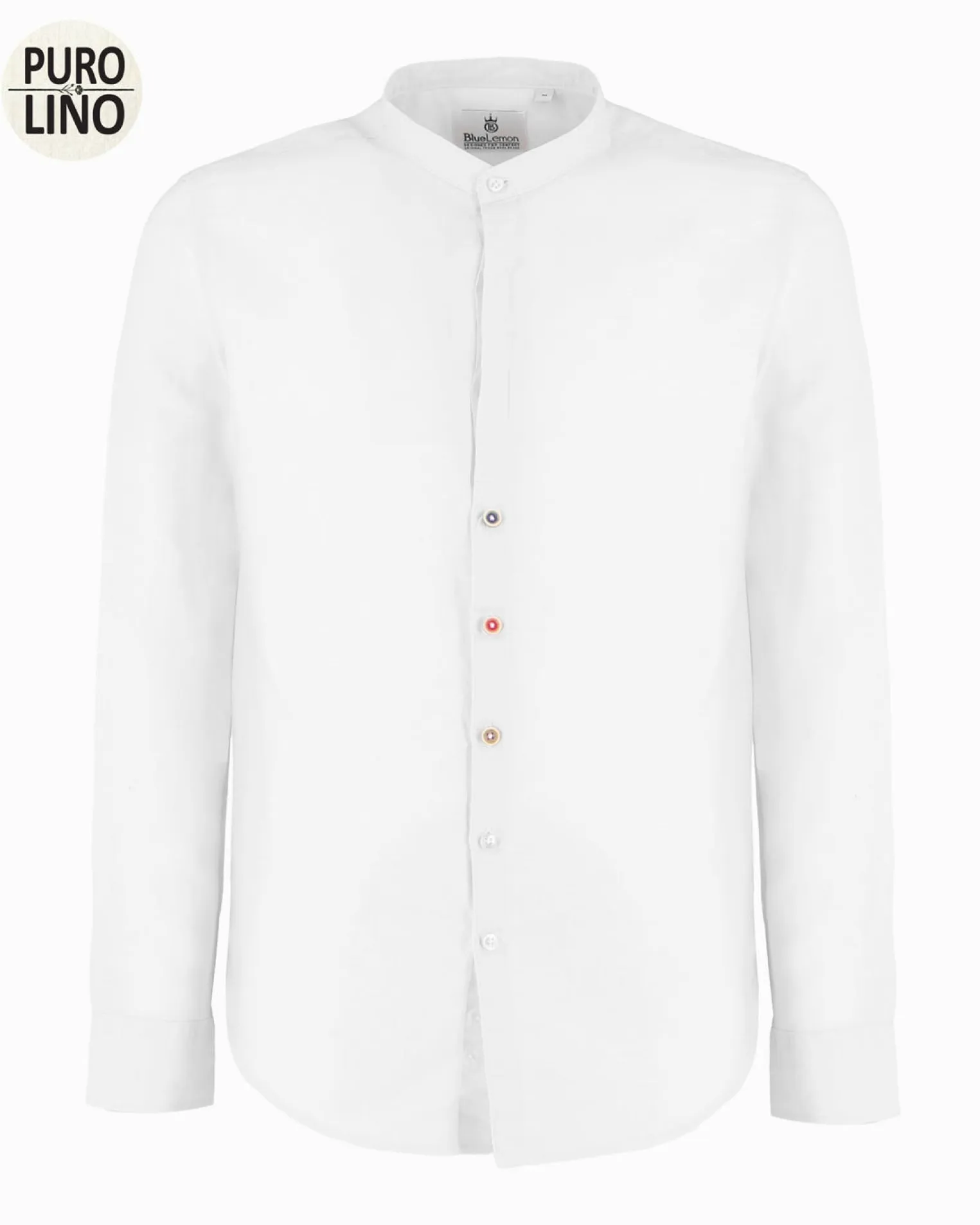 BLUE LEMON - Camicia manica lunga bianca con collo corano in lino