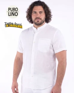 BLUE LEMON - Camicia over manica corta bianco con collo coreano in lino