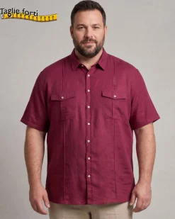 BLUE LEMON - Camicia over manica corta bordeaux in lino