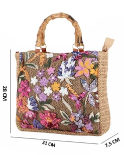 BORSA PAGLIA RICAMI FLOREALI MAN.BAMBOO