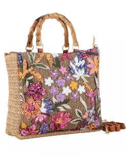 BORSA PAGLIA RICAMI FLOREALI MAN.BAMBOO