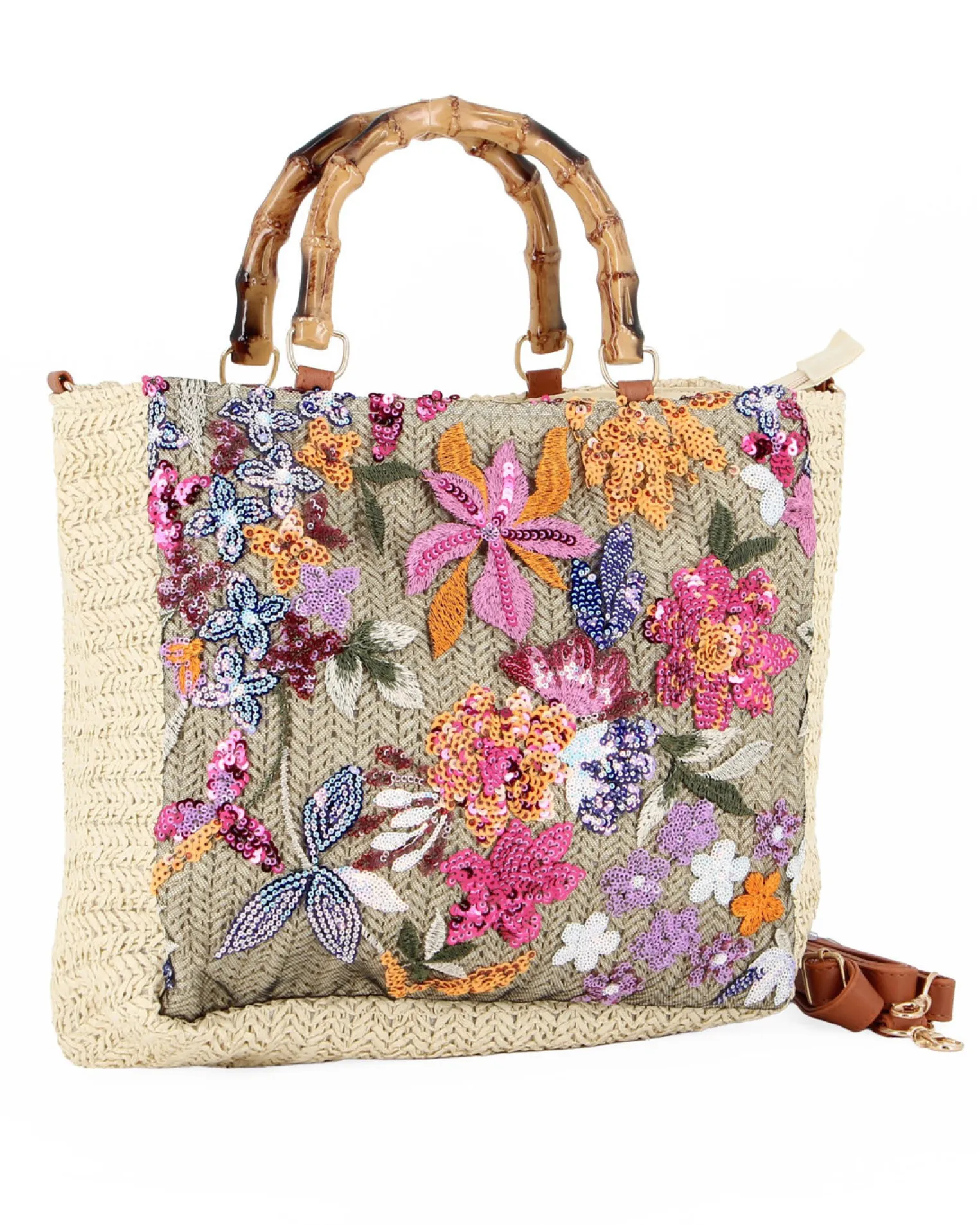 BORSA PAGLIA RICAMI FLOREALI MAN.BAMBOO