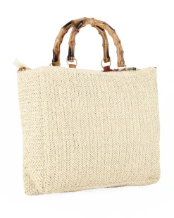 BORSA PAGLIA RICAMI FLOREALI MAN.BAMBOO