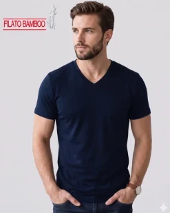 BROKERS - Tshirt mezza manica scollo a V in BAMBOO blu