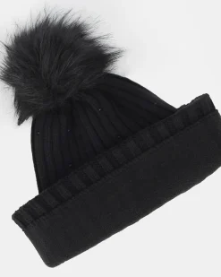 BRUGI - Berretto nero a maglia da donna con pon pon, brillantini e fodera in pile