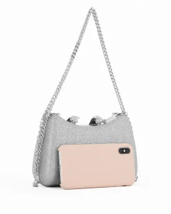 Clutch argento in glitter con manici catena e chiusura gioiello - DIVAS