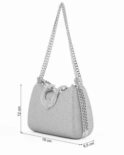 Clutch argento in glitter con manici catena e chiusura gioiello - DIVAS