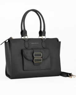 CORTINA POLO STYLE - Borsa due manici nera con tasca frontale con doppia fibbia sulla patta, tracolla removibile