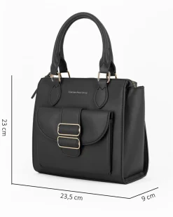 CORTINA POLO STYLE - Borsa due manici nera con tasca frontale con doppia fibbia sulla patta, tracolla removibile